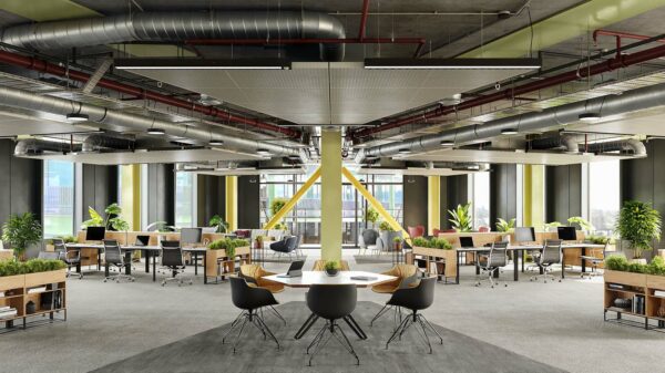 CGI of OWA UK's S80 demountable mesh ceiling raft within Bristol's Assembly C building