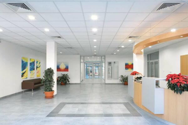 OWA suspended ceiling with Sandila/O mineral ceiling tiles installed in a reception area